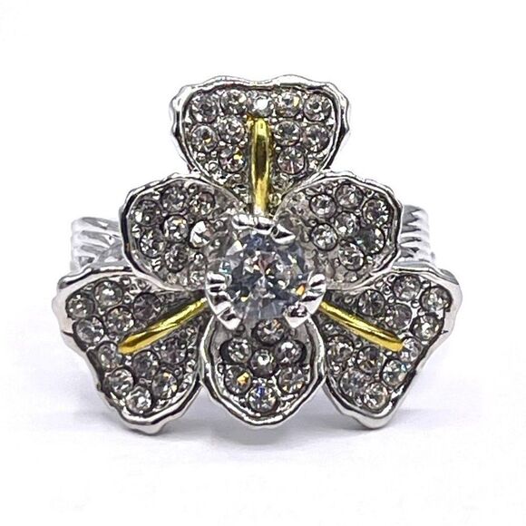 925 Sterling Silver with White Cubic Zirconia Flower Statement Ring Size 6 - Picture 1 of 6